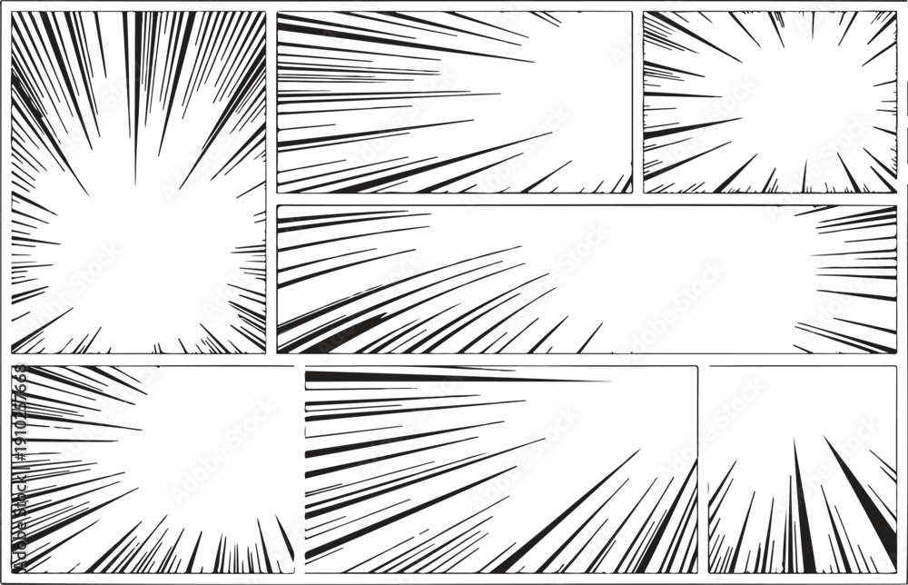 Obraz premium A black and white comic book panel layout template with 6 rectangular panels arranged in a 2x3 grid.