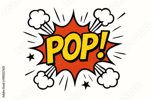 Comic book style pop art explosion with bold yellow text and red background.