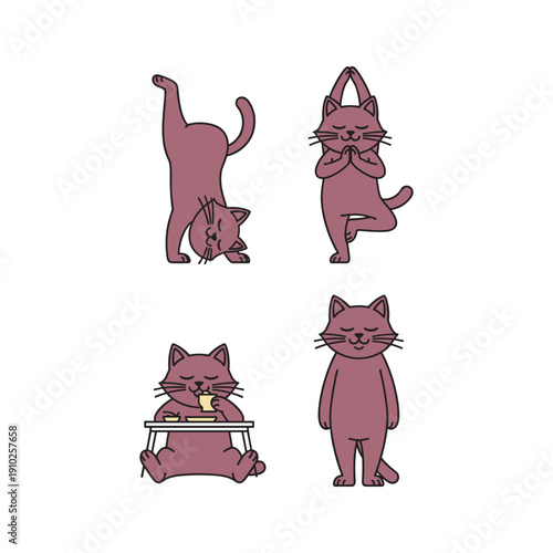 Pink cartoon cats in yoga poses and eating on white background with copy space