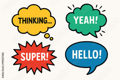 Colorful speech bubbles with various words representing thoughts and greetings.