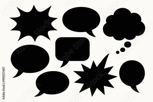 Collection of various black speech bubbles for communication and thoughts.