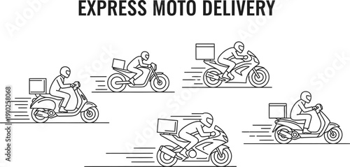 Set of Express Motorcycle Delivery Icons Featuring Courier Riders on Scooters and Sportbikes with Speed Lines for Logistics, E-commerce, and Food Delivery Service Apps and Websites