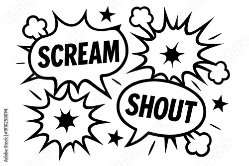 Comic book style speech bubbles with the words scream and shout.
