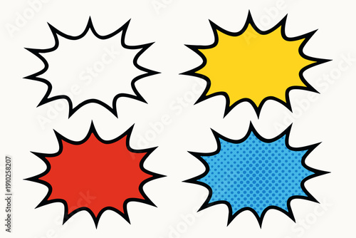 Comic book style speech bubbles in various colors and designs.