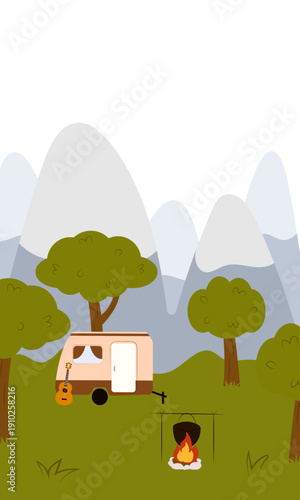Flat vector illustration of camping outdoors. Mountains, campfire, tent, nature, camper, trees, coffee, backpack, guitar, kettle, boiler, tea, silence, calm, peace, marshmallows on fire