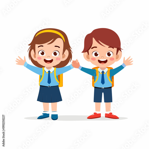Two Happy Students Boy and Girl in Blue School Uniform Holding Hands and Waving