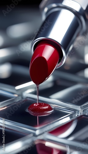 Macro shot of a vibrant red lipstick with liquid pigment dripping onto a reflective glass tile grid.