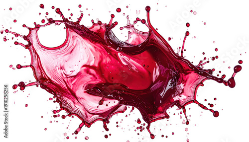 Crimson liquid exploding outward with a smooth interior and fine droplets