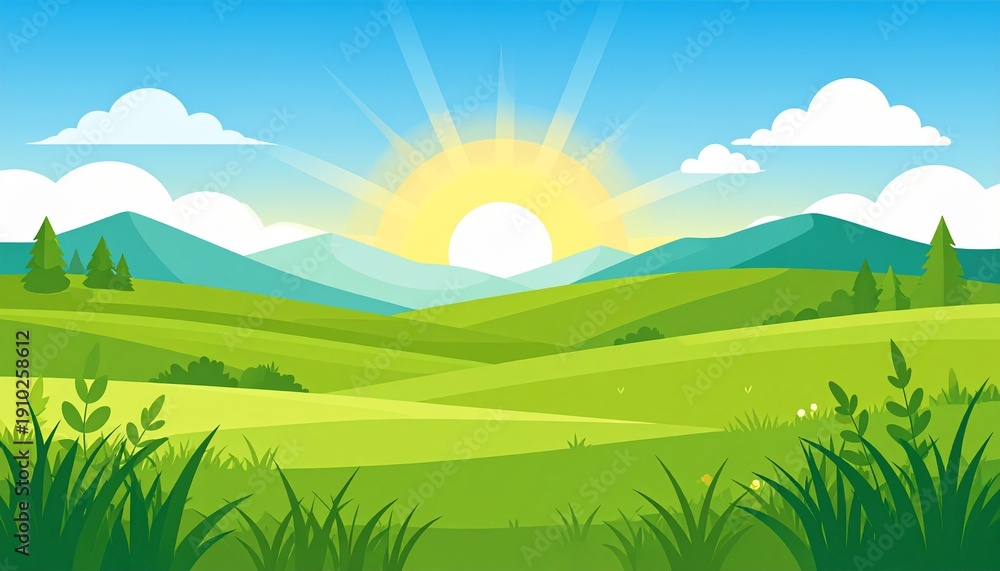 Obraz premium Sunrise over lush green fields with mountains and golden sunlight landscape