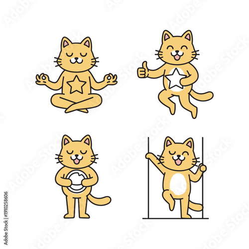 Cartoon cat practicing yoga and fitness poses with positive gestures