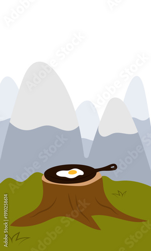 Flat vector illustration of camping outdoors. Mountains, campfire, tent, nature, camper, trees, coffee, backpack, guitar, kettle, boiler, tea, silence, calm, peace, marshmallows on fire