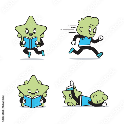 Cartoon star character reading and exercising in different poses with copy space