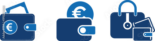 Euro currency wallets and money bags solid icon set, financial payment and digital pocket symbol, banking cash bill and transaction vector illustration with editable stroke.