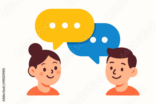 Two people communicating with speech bubbles above their heads.