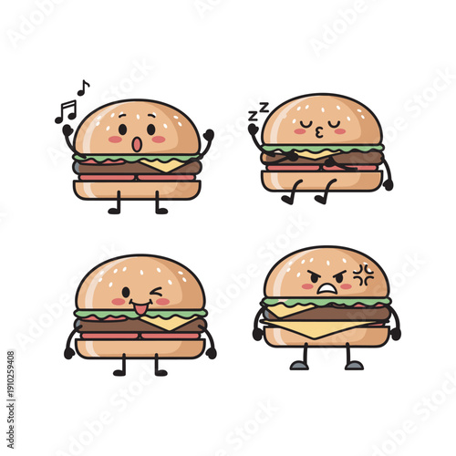 Cartoon burgers with different emotions dancing and expressing feelings