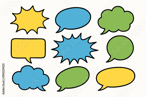 Colorful speech bubbles in various shapes and sizes for communication and expression.