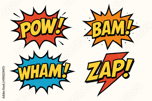 Comic book action sound effects in vibrant colors with exclamation marks.