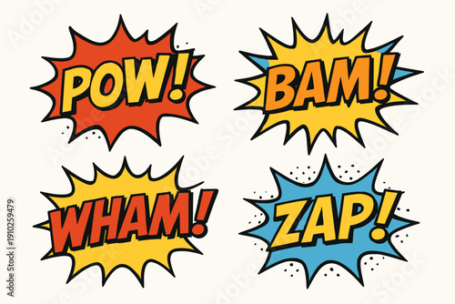 Comic book sound effects in vibrant colors with bold text and starburst shapes.