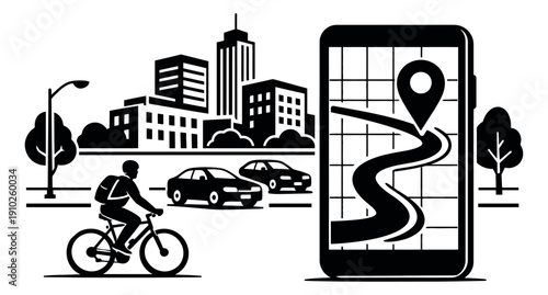 Graphic illustration of a city scene depicting a cyclist following a route on a smartphone map for urban transportation