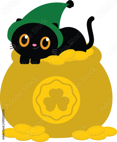 Black Cat With St. Patrick's Day Hat On Pot of Gold