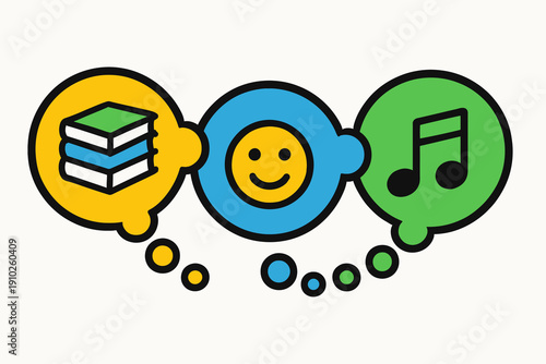 Colorful illustration of books, a smiling face, and musical notes, representing knowledge, happiness, and music.
