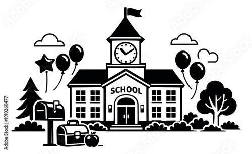 Graphic illustration of a school building depicting a back to school celebration for education and academic concepts