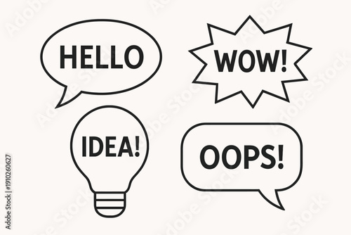 Speech Bubbles with Messages - Hello, Wow, Idea, Oops.