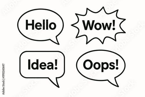 Speech bubbles with various exclamations and words for communication and expression.