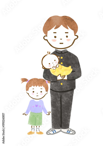 厳しい表情で赤ちゃんを抱っこする制服姿の男の子と、幼い女の子のイラスト