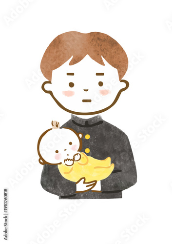 厳しい表情で赤ちゃんを抱っこする制服を着た男の子のイラスト（上半身）