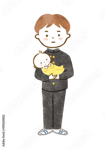 厳しい表情で赤ちゃんを抱っこする制服を着た男の子のイラスト