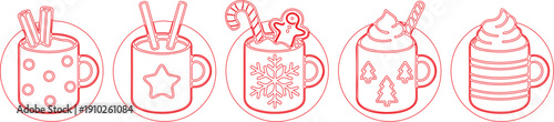 A cartoon illustration of five festive holiday hot drinks arranged in a horizontal row against a white background.