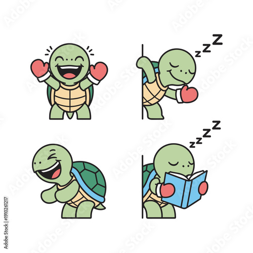Cartoon turtle exercising and relaxing with boxing gloves and book