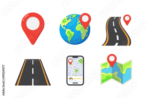 Set of colorful navigation vector icons featuring map pins, globe, roads, smartphone GPS screen, and folded map, ideal for travel or location-based apps.