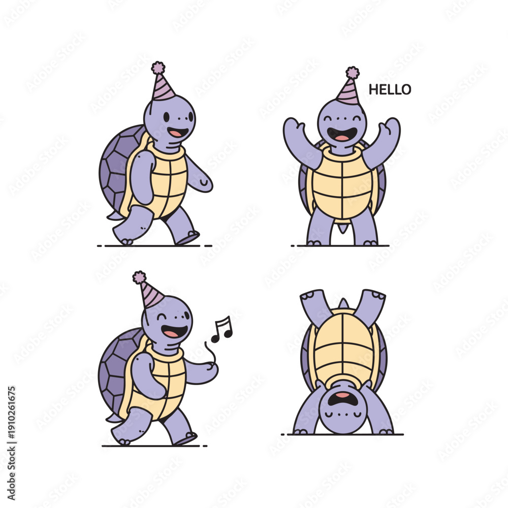 Naklejka premium Cartoon turtle character in party hat dancing and celebrating