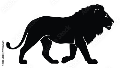 A majestic black silhouette of a lion walking with a powerful stride isolated on white background, Vector