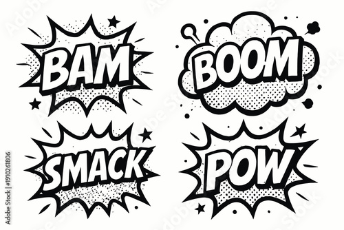 Comic book sound effects set with Bam Boom Smack Pow in speech bubbles.