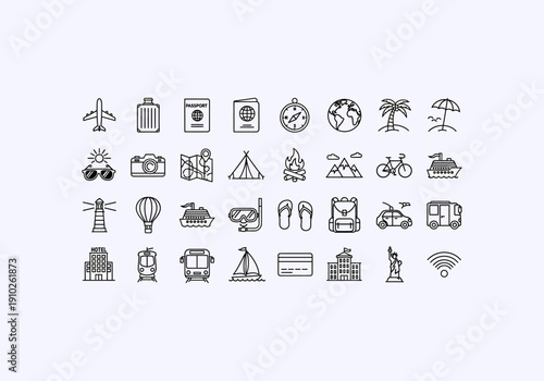 Vector Ilustration Icon Concept Various Travel Icons and Symbols Line Art