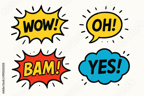 Comic book speech bubbles with exclamations of surprise and excitement.