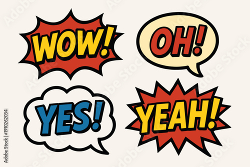 Set of four colorful retro comic book style speech bubbles.