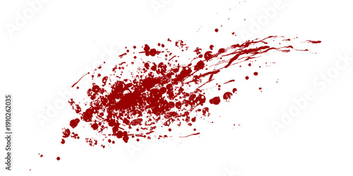Fresh Blood Splatter Illustration. Red Liquid Spray Texture and Messy Ink Stain Isolated on White for Horror Design.