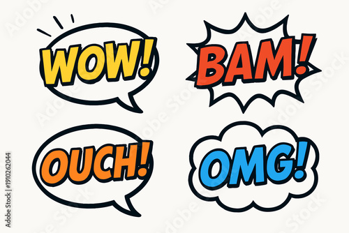 Comic book speech bubbles with exclamations of surprise and impact.