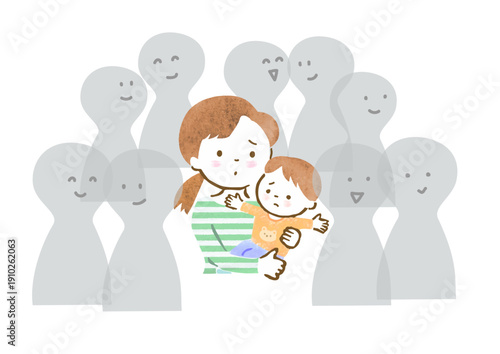 孤独を感じている幼い男の子を抱いた母親のイラスト