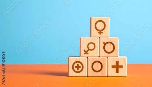 Wooden blocks stacked with gender symbols and plus signs (1)