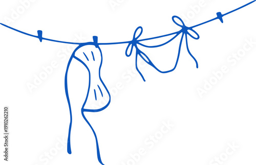 Illustration of Blue Bikinis on a Clothesline Outline Hand drawn