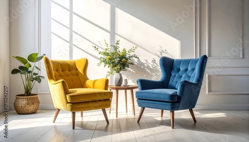 Two wingback chairs, yellow and blue, with sunlight