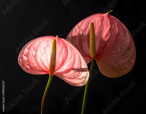 Two delicate pink heart-shaped flowers glow in soft light