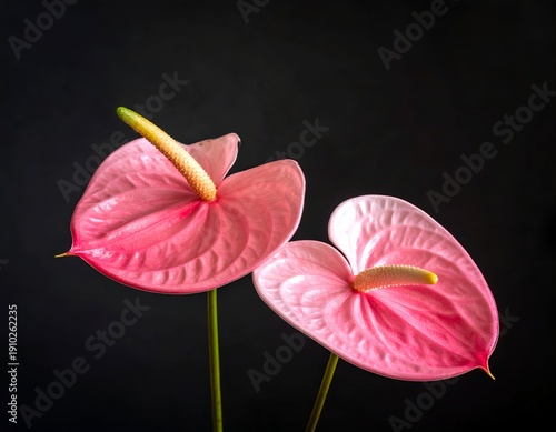 Two delicate pink tropical flowers bloom against dark background
