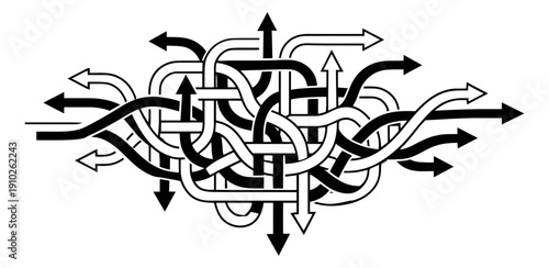 Line art illustration of intertwined arrows depicting complexity and direction for abstract concepts