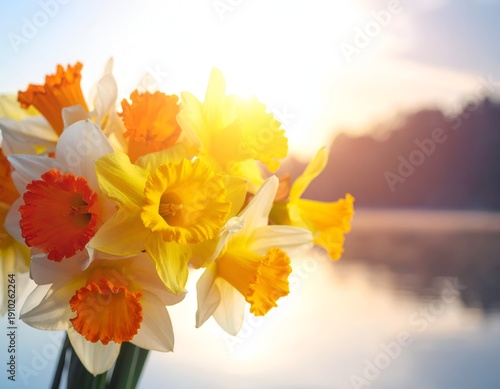 Vibrant daffodils bathed in soft, golden sunrise light over water
